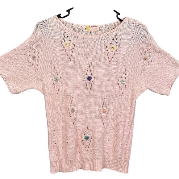 Vintage 70's Women's Knitted Sweater Lt Pink Floral Grandmacore Cottagecore - Picture 1 of 9